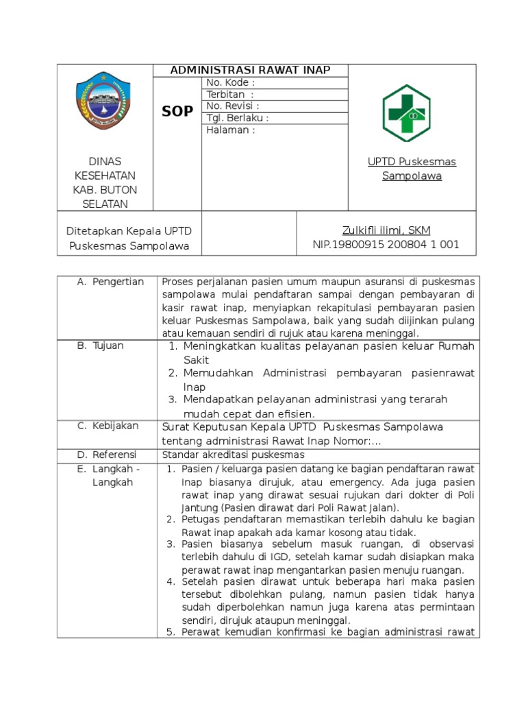 SOP Administrasi Rawat Inap Puskesmas | PDF