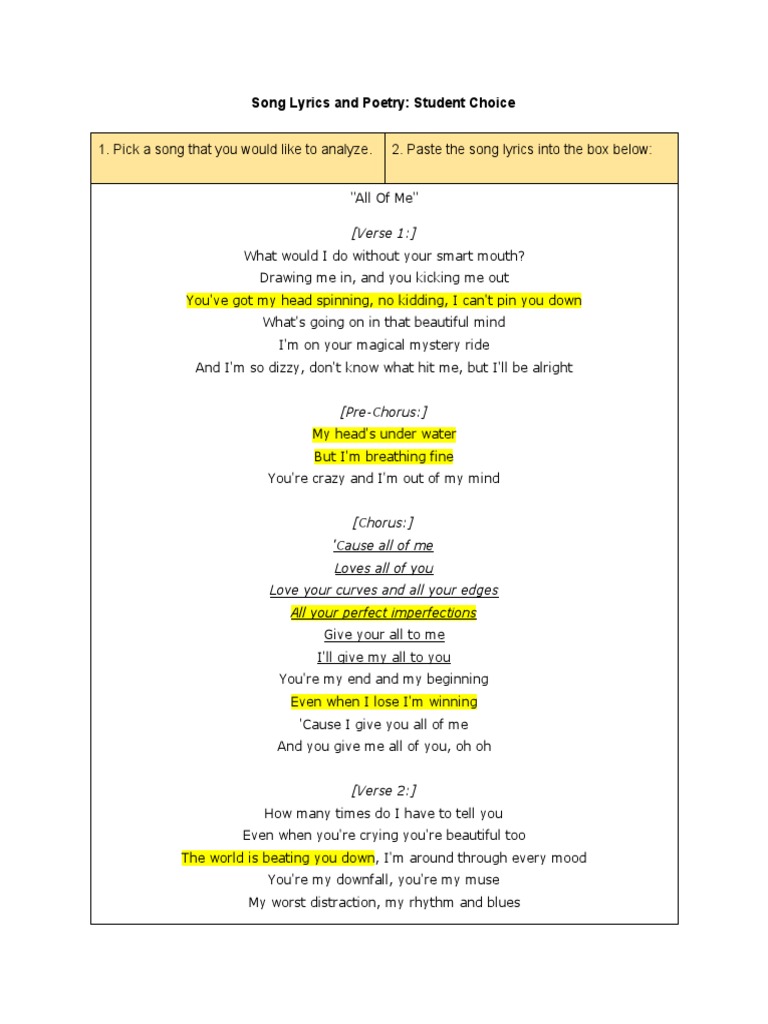 Songlyricsandpoetrystudentchoice Azaleaperez Pdf Song Structure Leisure