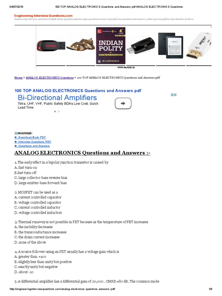 100 Top Analog Electronics Questions and Answers PDF Analog Electronics