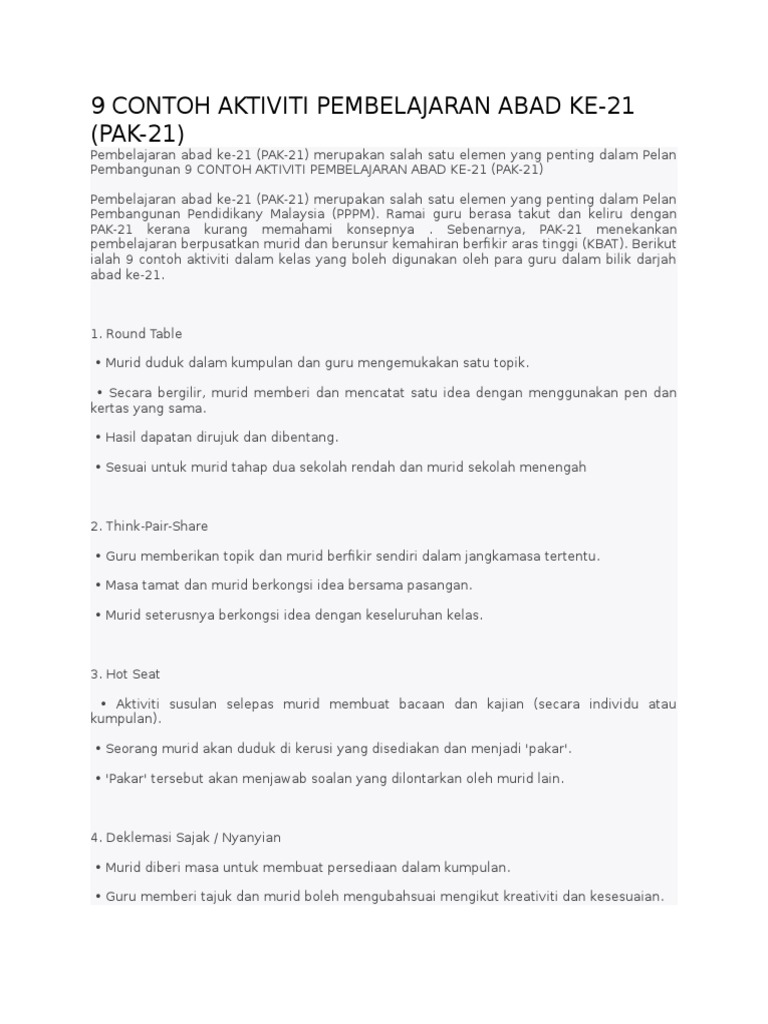 9 Contoh Aktiviti Pembelajaran Abad Ke Pdf