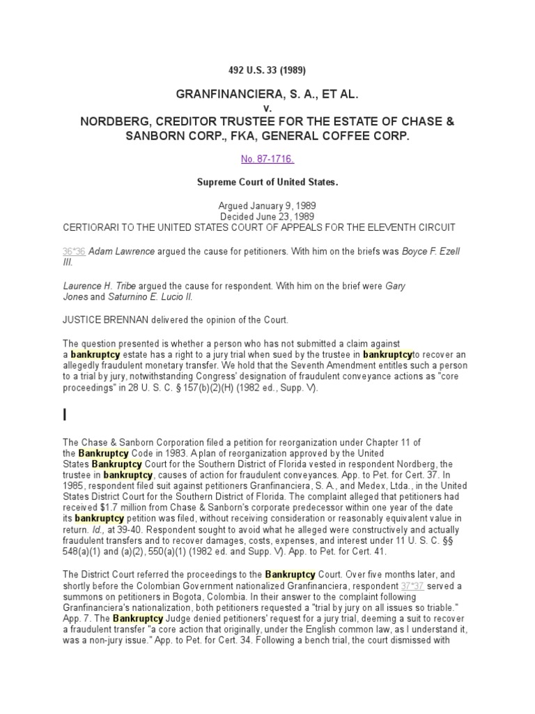 Granfinanciera, SA v. Nordberg, 492 US 33 Download Free PDF Equity