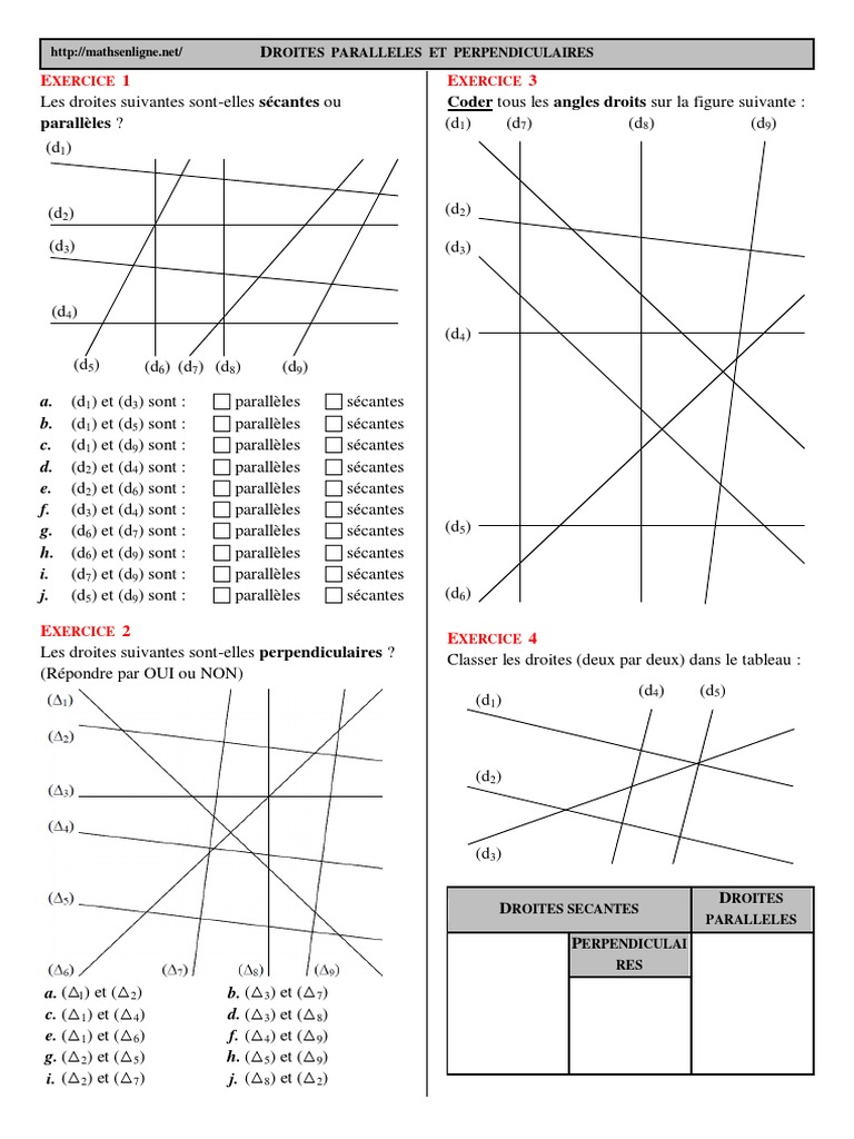 Exercices Droites Parallèles Et Perpendiculaires Cm2 à Imprimer Chap 2 - Ex 2A - Droites Parallèles, Sécantes, Perpendiculaires - CORRIGE |  PDF
