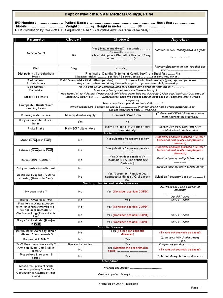 IPD Case Sheet and Patient History Guide | PDF | Dieting | Physical ...
