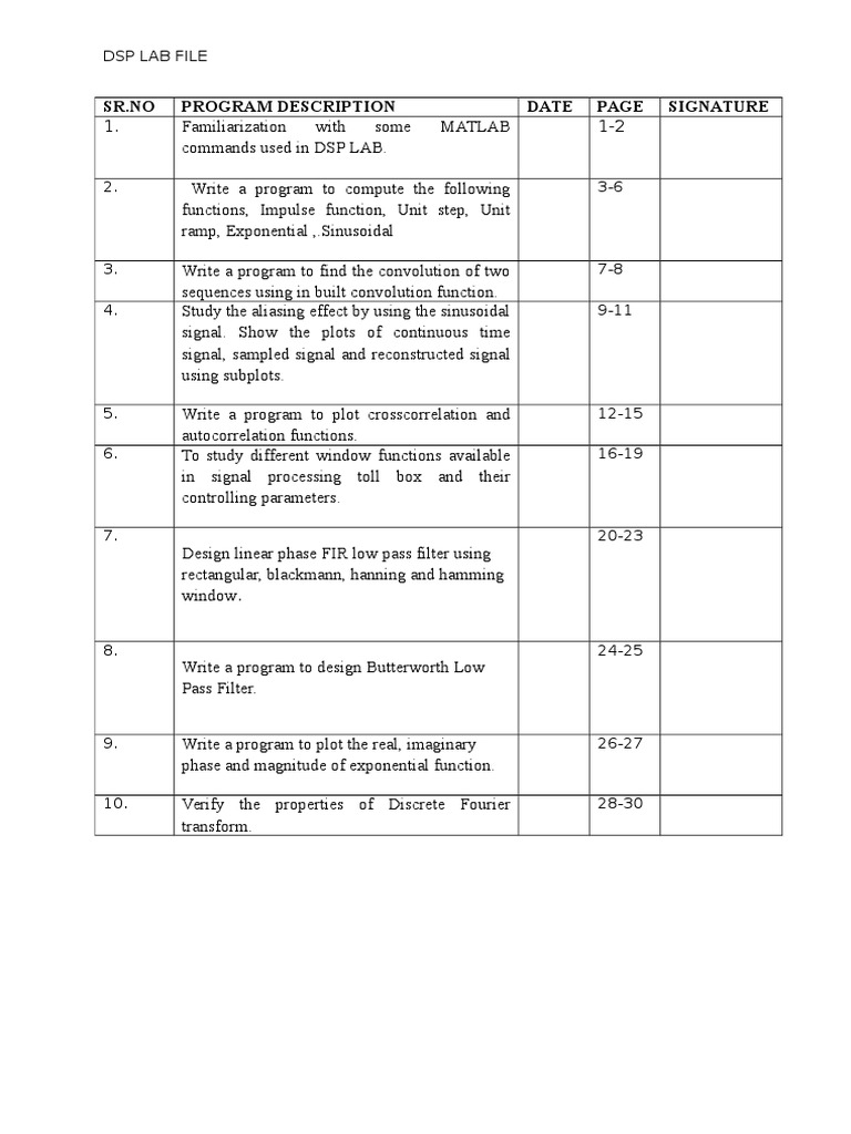 SR - No Program Description Date Signature: DSP Lab File | PDF