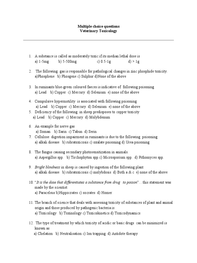 MCQs Veterinary Toxicology