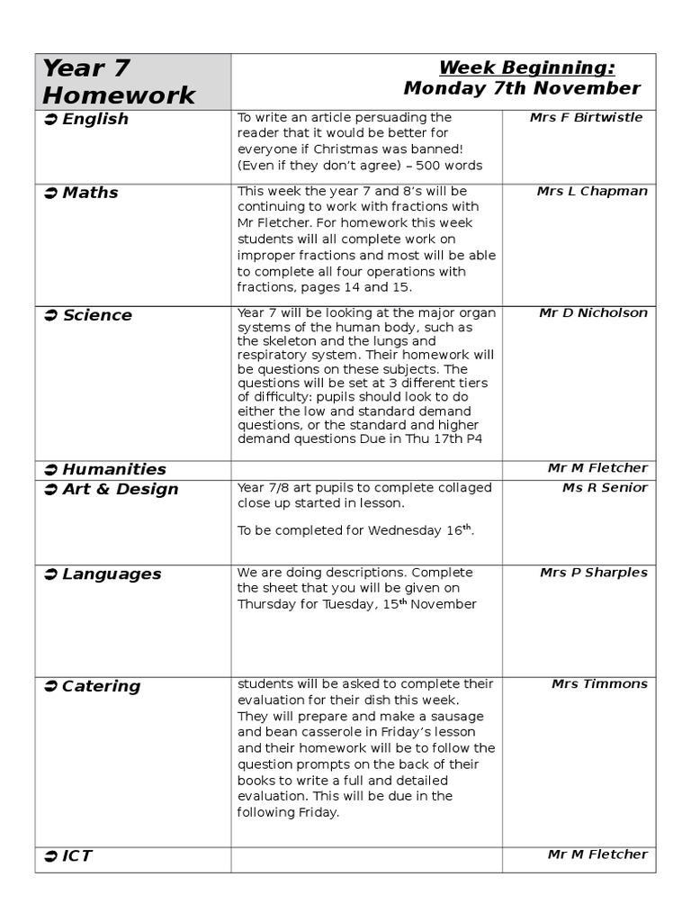 Homework Year 7 | PDF