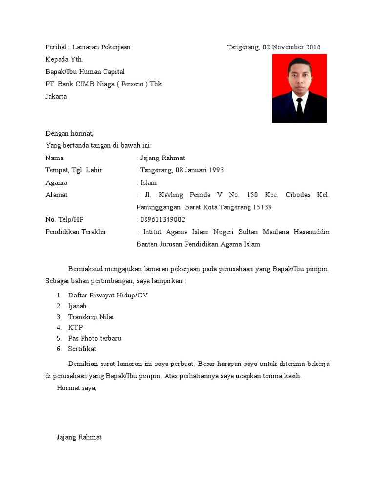 Surat Lamaran Kerja Bank Cimb Niaga Pdf