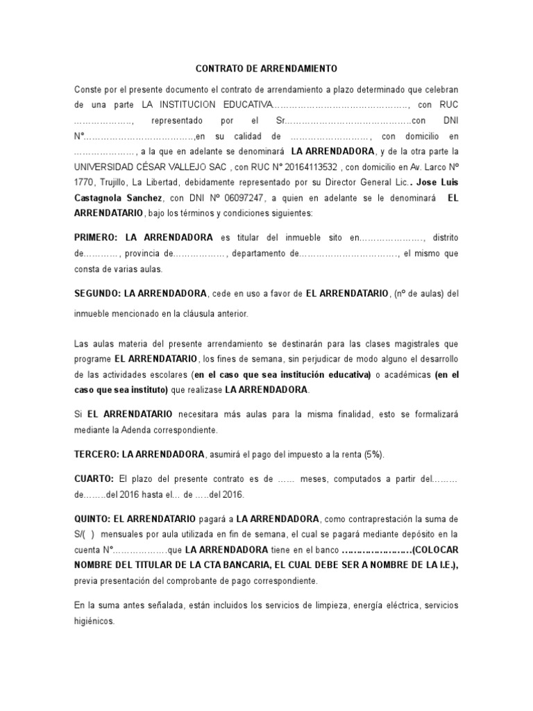 Formato Contrato Aulas Jose Castagnola | PDF | Alquiler | Bancos