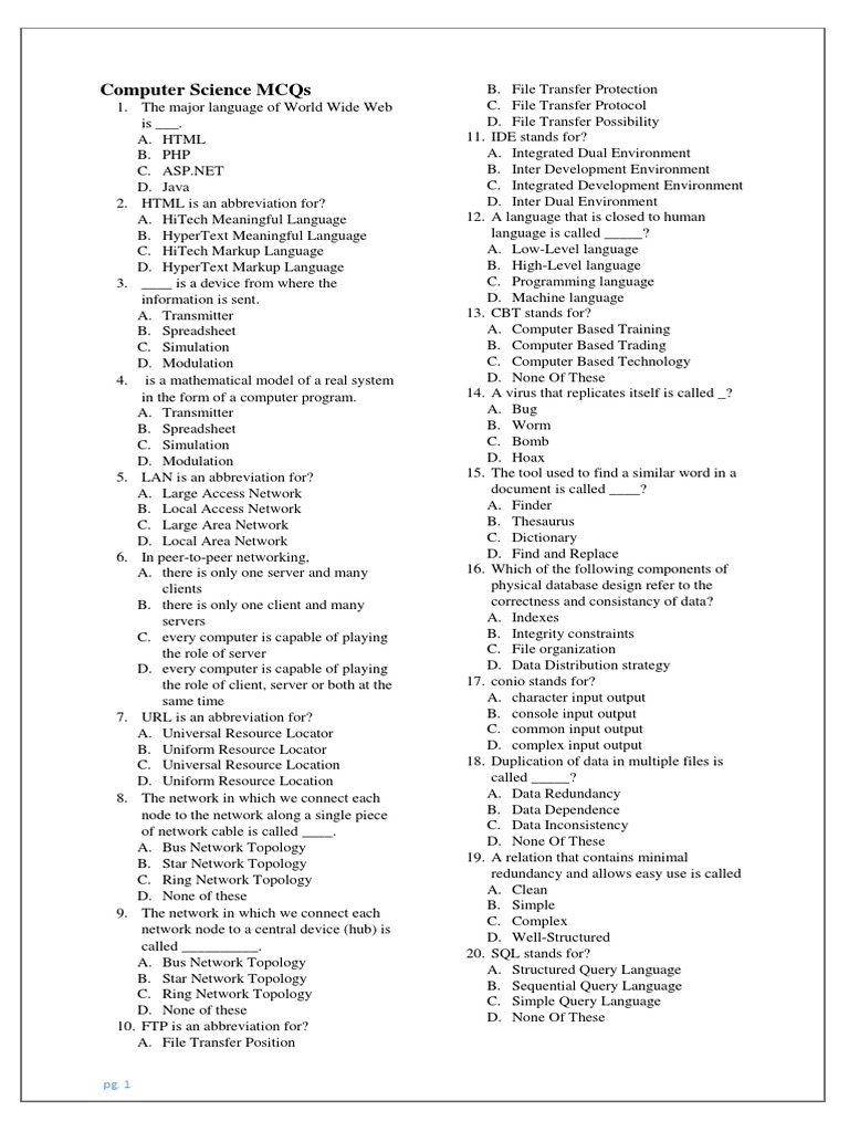 Computer Science MCQs PDF | PDF | Integer (Computer Science) | Computer ...