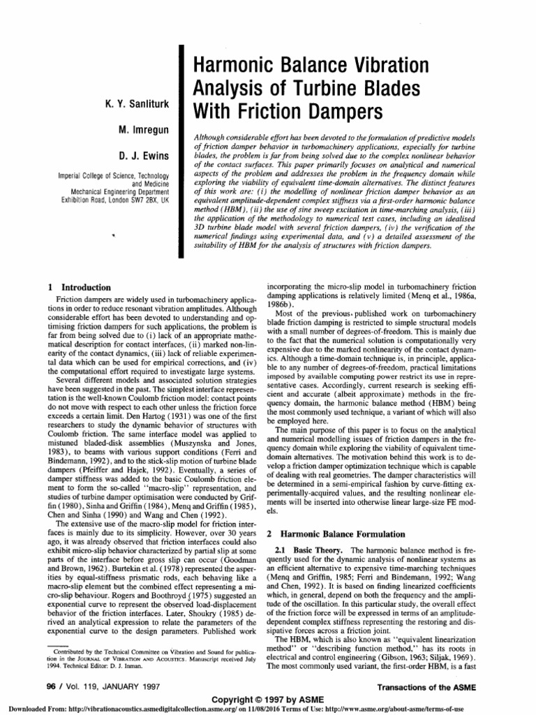 Harmonic Balance of Turbine Blades With Friction Dampers PDF System Of Linear Equations