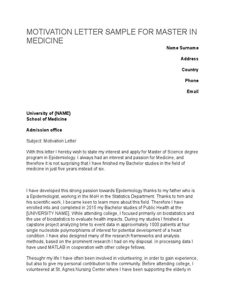 Motivation Letter Sample for Master in Medicine Epidemiology Public Health