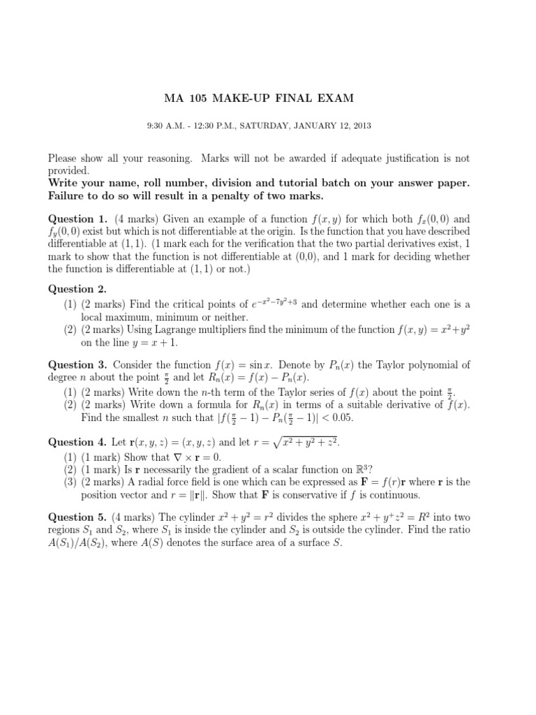 MA 105 Final Exam Questions and Solutions | PDF | Derivative | Sphere