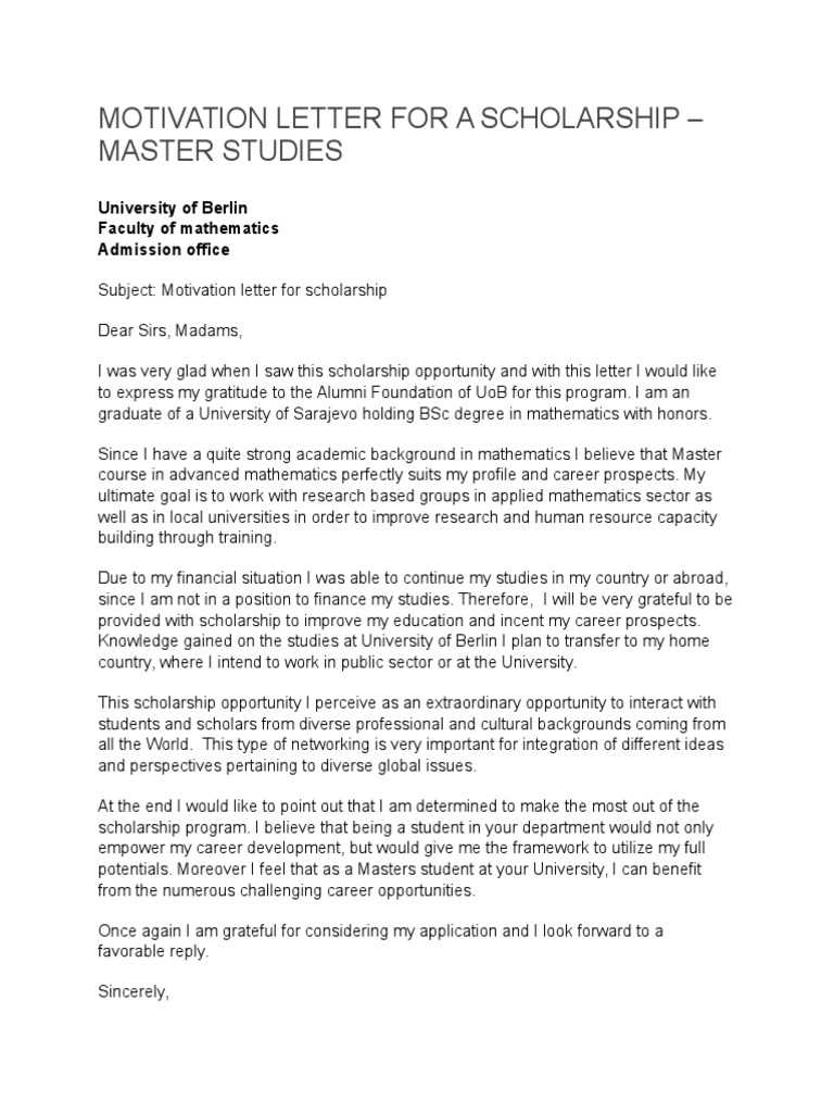 Motivation Letter For A Scholarship Pdf