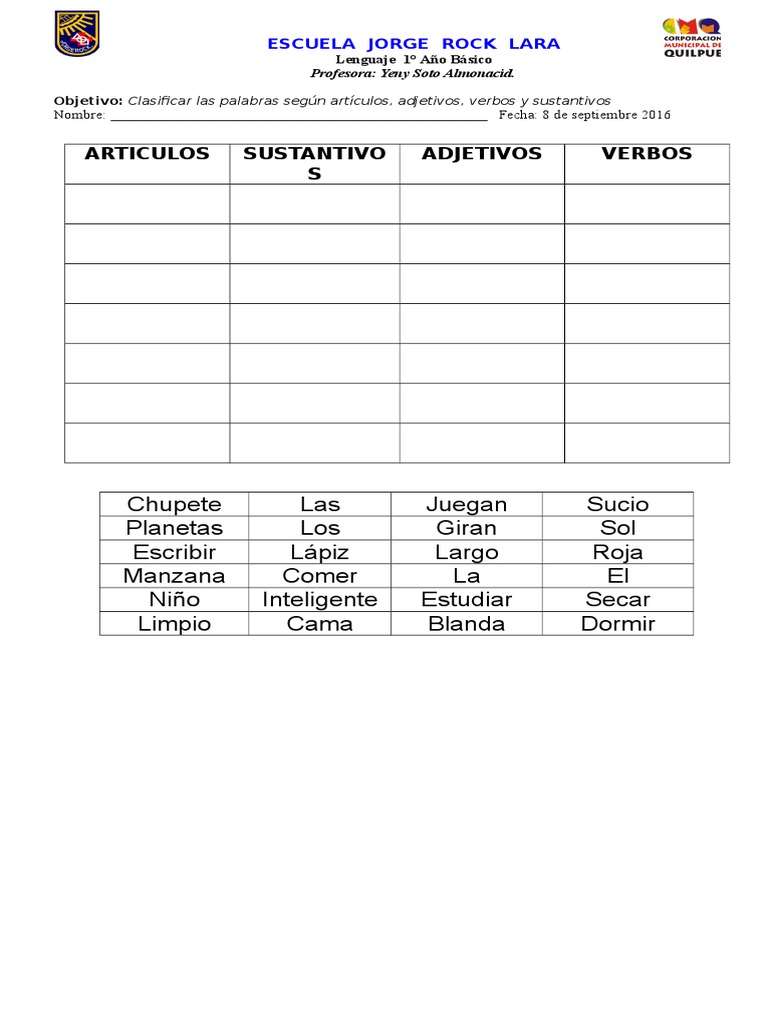 Guia Clasificacion De Sustantivos Articulos Adjetivos Verbos