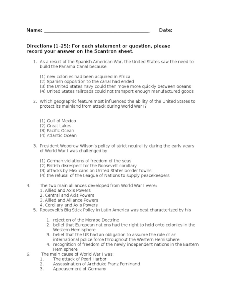 World War I Test | PDF | World War I | Woodrow Wilson