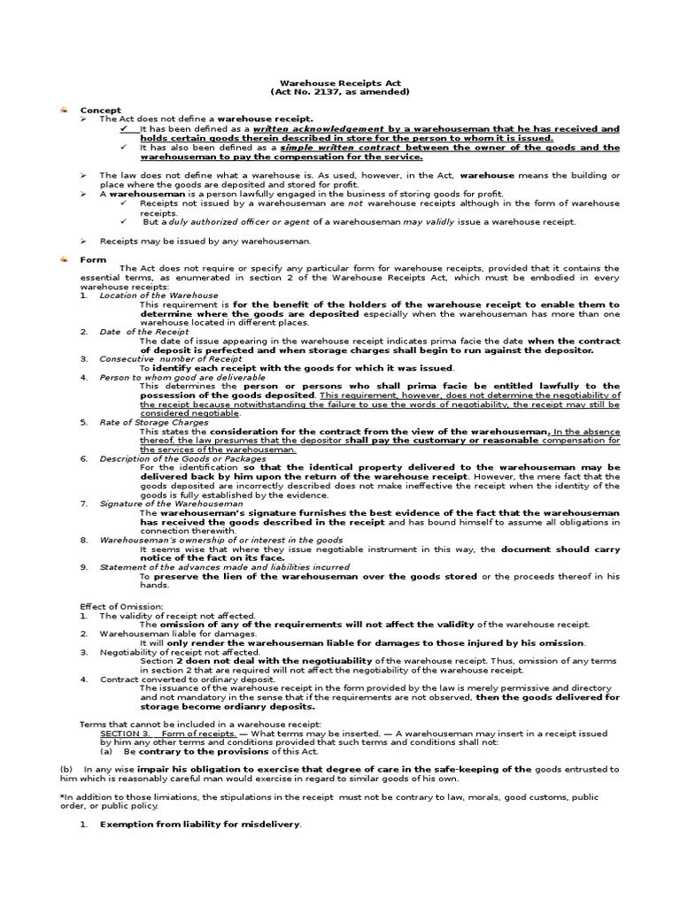 Warehouse Receipts Act PDF Lien Contractual Term