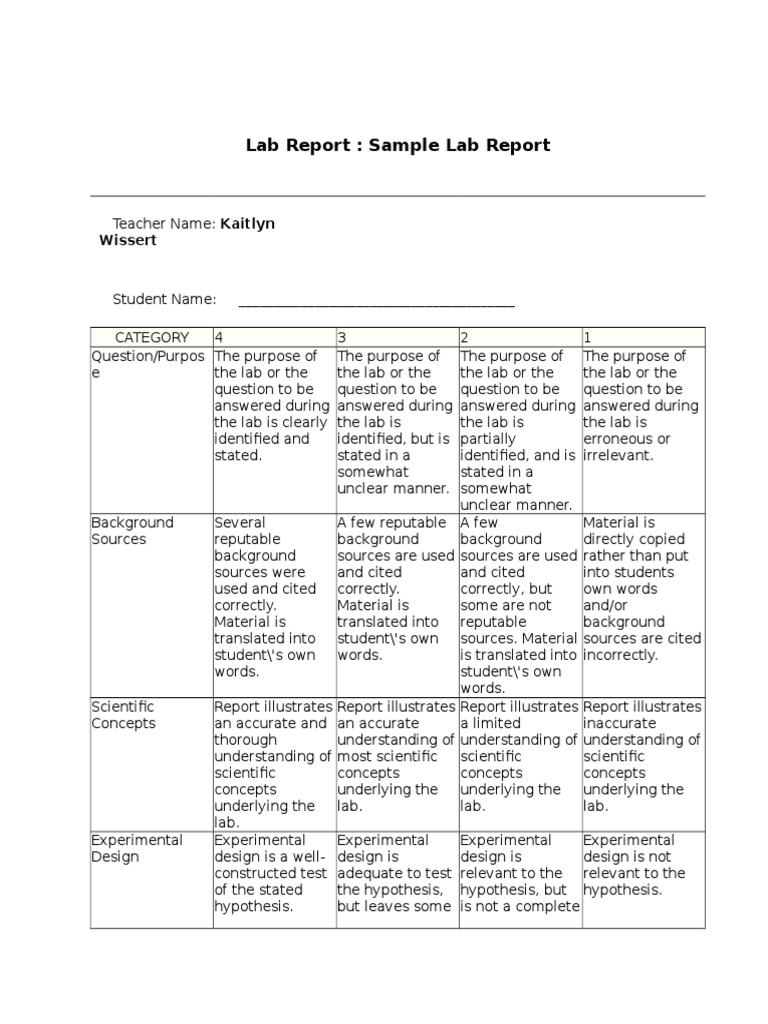 Lab Report Rubric PDF Experiment Hypothesis
