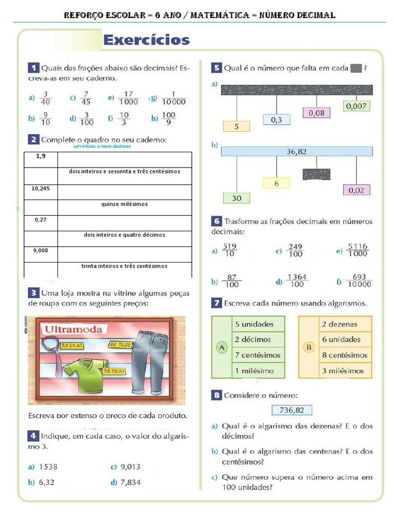 Dois Inteiros e Sessenta e Três Centésimos 10,245 Quinze Milésimos 0,27 ...