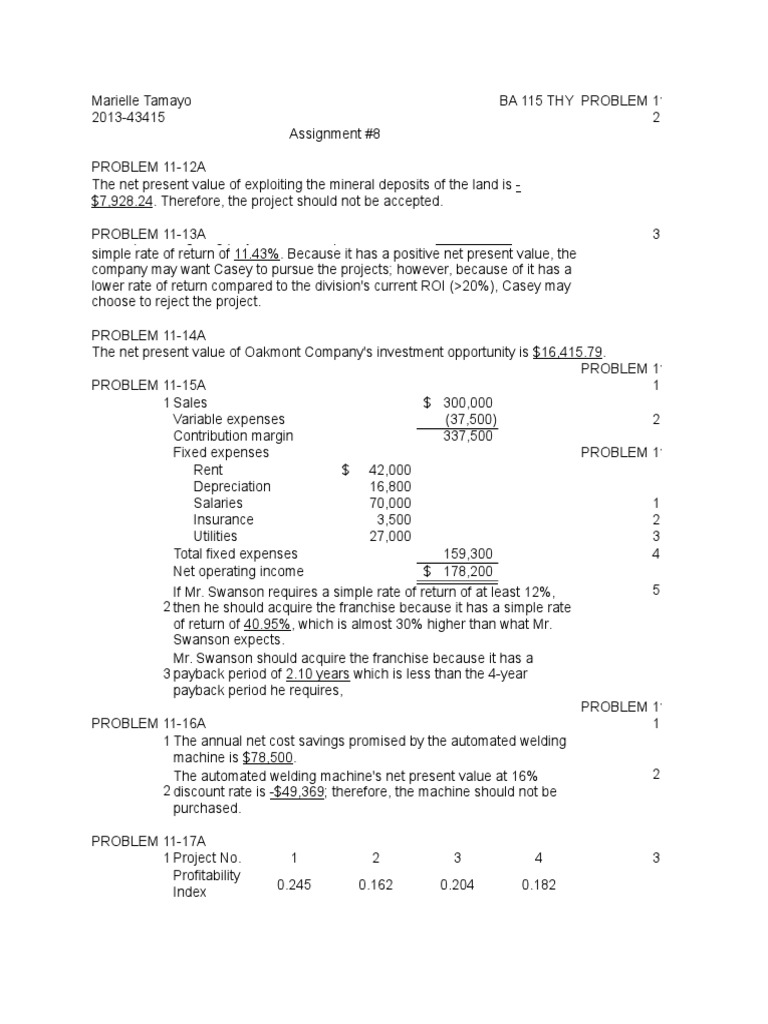 Chapter 11 Managerial Accounting Solutions | PDF | Net Present Value ...