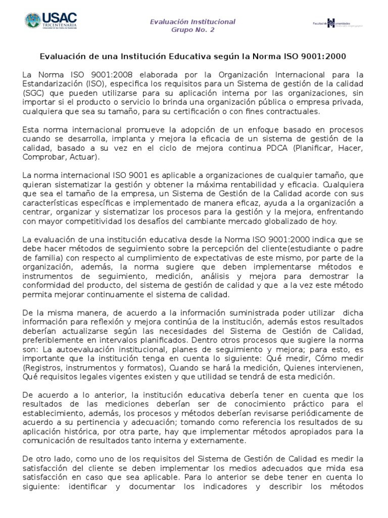 Evaluación ISO 9001 en Educación | PDF | Gestión de la calidad ...
