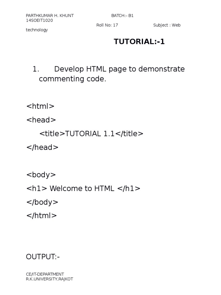 Tutorial:-1: 1. Develop HTML Page To Demonstrate Commenting Code ...