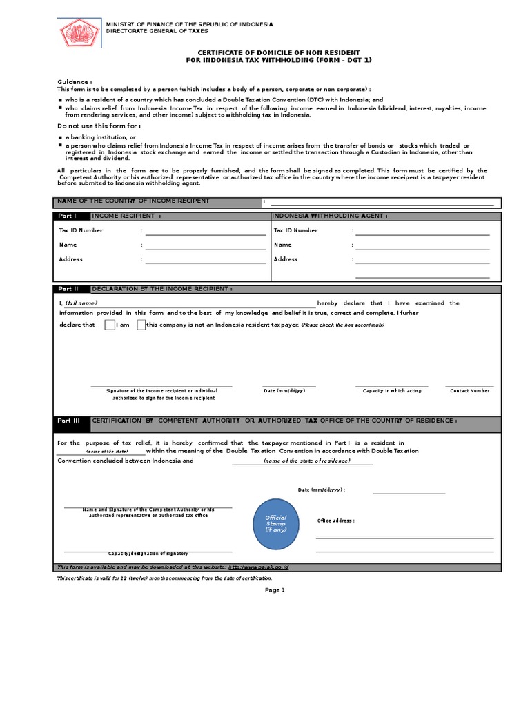 Form DGT 1 Double Taxation Withholding Tax