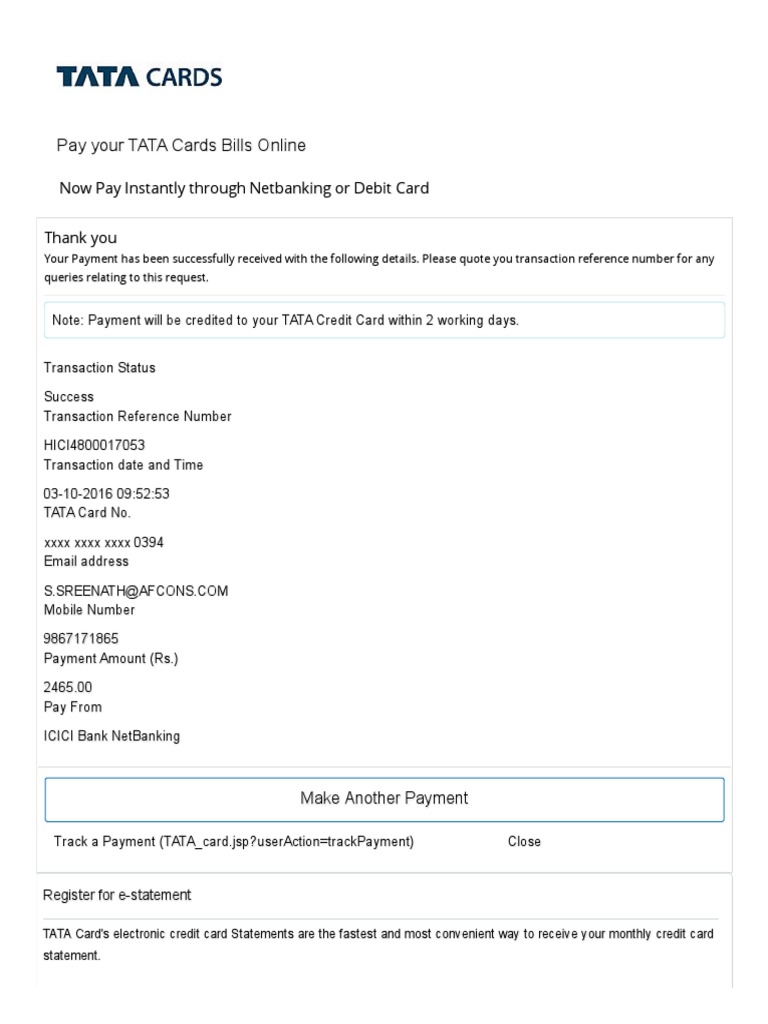Confirmation of Successful TATA Credit Card Payment Through Netbanking