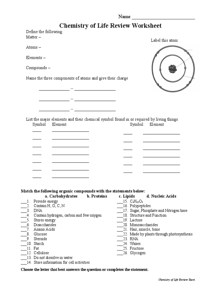 Chemistry of Life Worksheet PDF