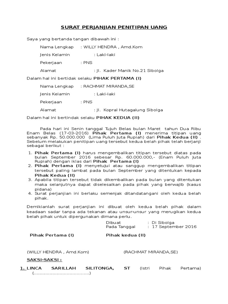 Surat Perjanjian Penitipan Uang Contoh surat perjanjian penitipan uang yg bisa dipidanakan 1.