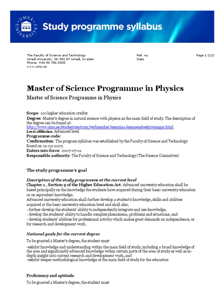 Umeå University MSc in Physics Program | PDF | Quantum Mechanics | Physics
