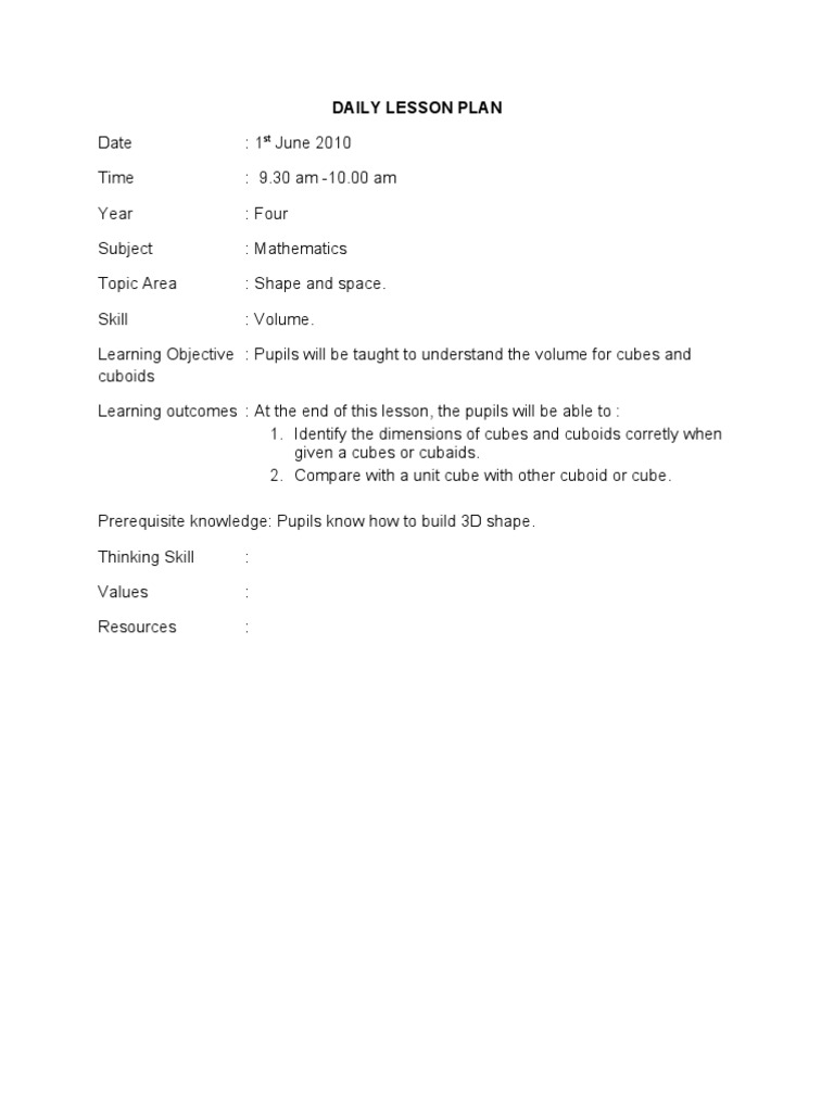 Volume Lesson Plan for Grade 4 | PDF | Lesson Plan | Worksheet
