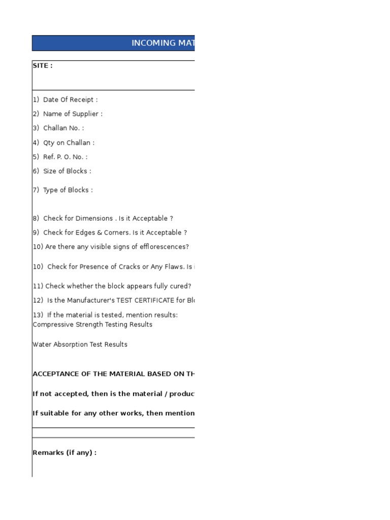 Incoming Material Inspection Report | PDF | Engineering | Materials