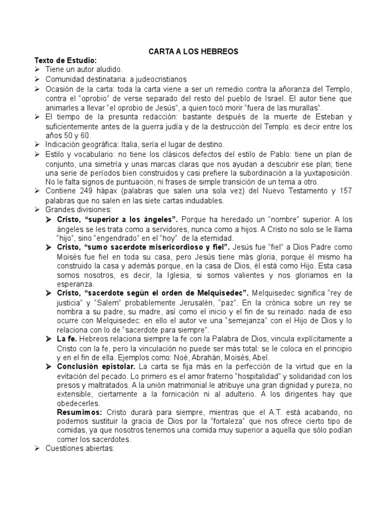 Carta A Los Hebreos (Texto Biblia) Sacerdote Epístola a los hebreos
