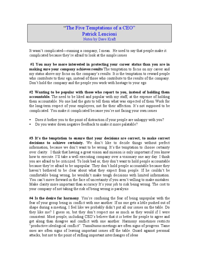 The Five Temptations of A CEO PDF