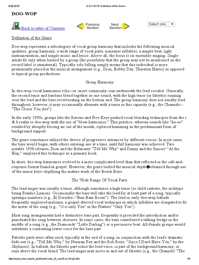 DOOWOP Definition of the Genre Singing Songs