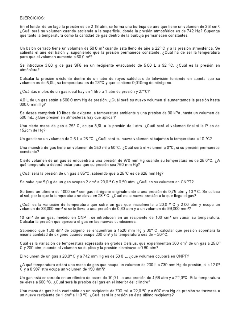 Problemas de Gases: Volumen y Presión | PDF | Gases | Presión