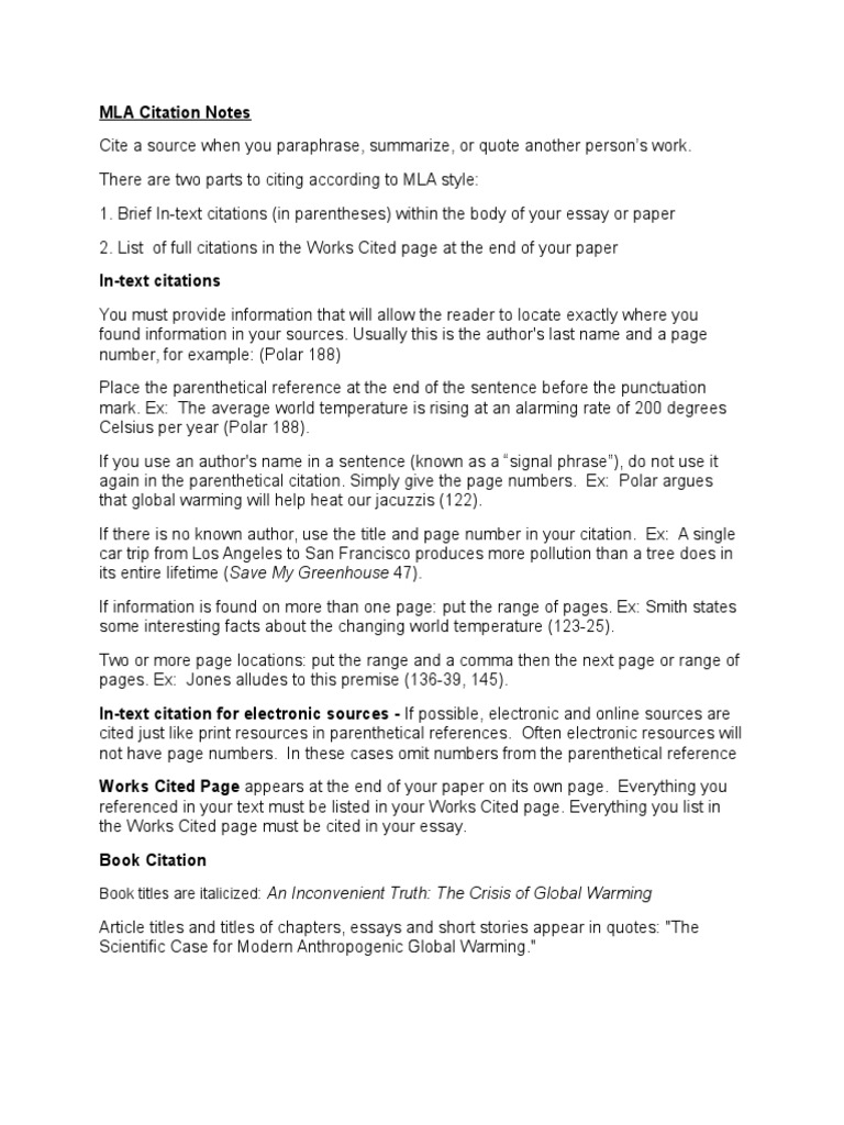 Mla Citation Notes Pdf Citation Publishing