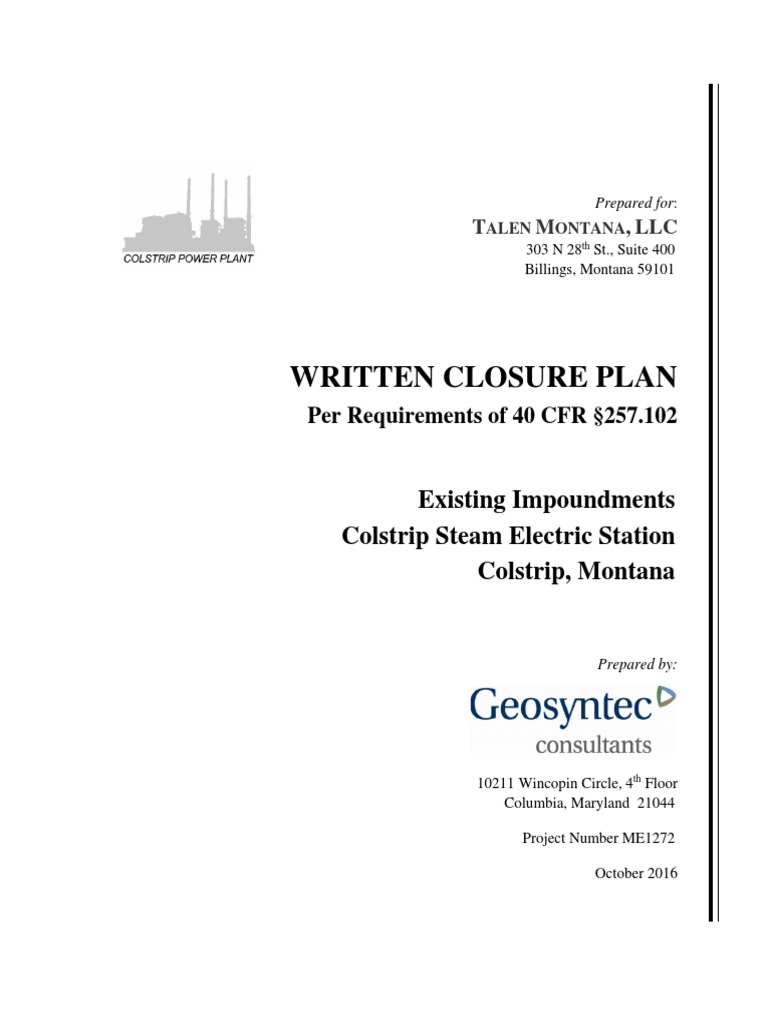 Colstrip 1&2 B Flyash Pond CCR Written Closure Plan October 2016 BFA