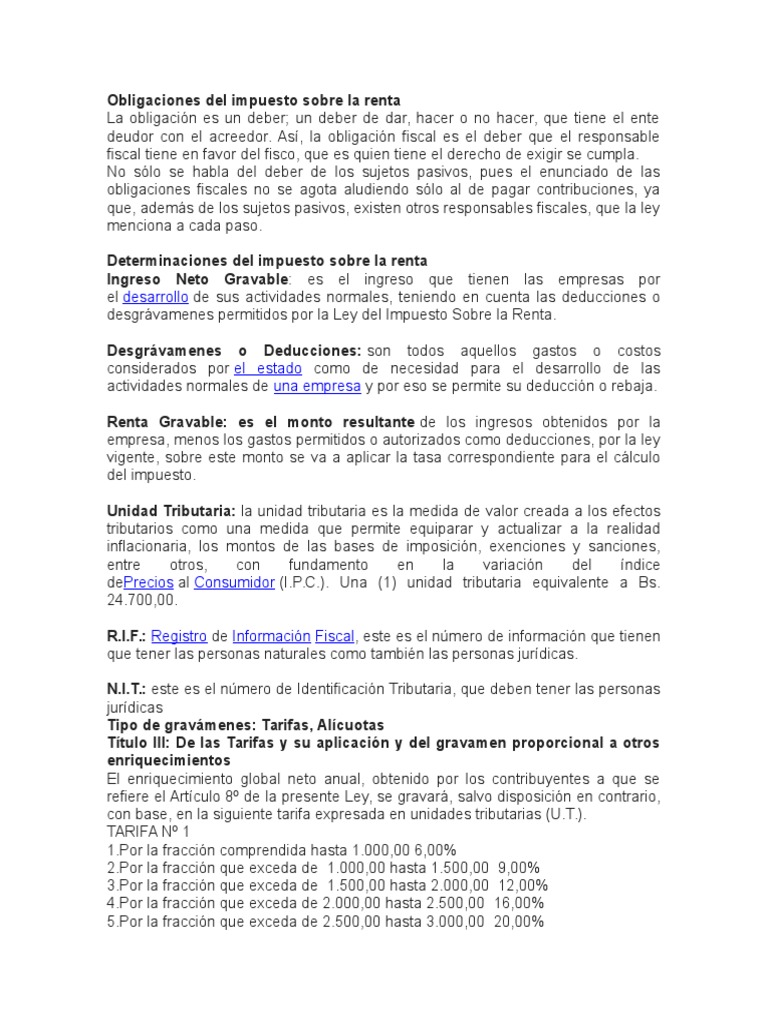Obligaciones del Impuesto sobre la Renta | PDF | Impuesto sobre la ...