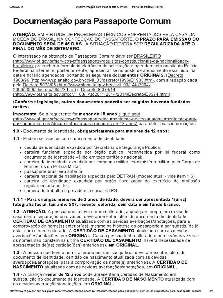 Documentação para Passaporte Comum - Portal Da Polícia Federal | PDF ...