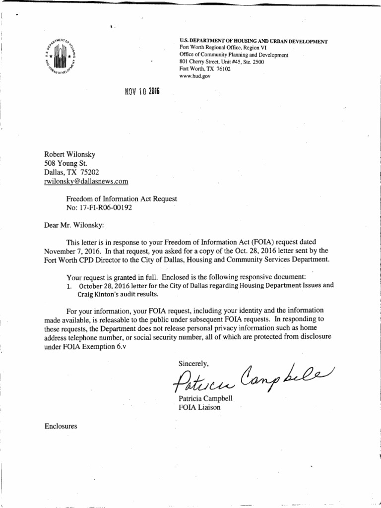 HUD Letter to Dallas Freedom Of Information Act (United States) Audit