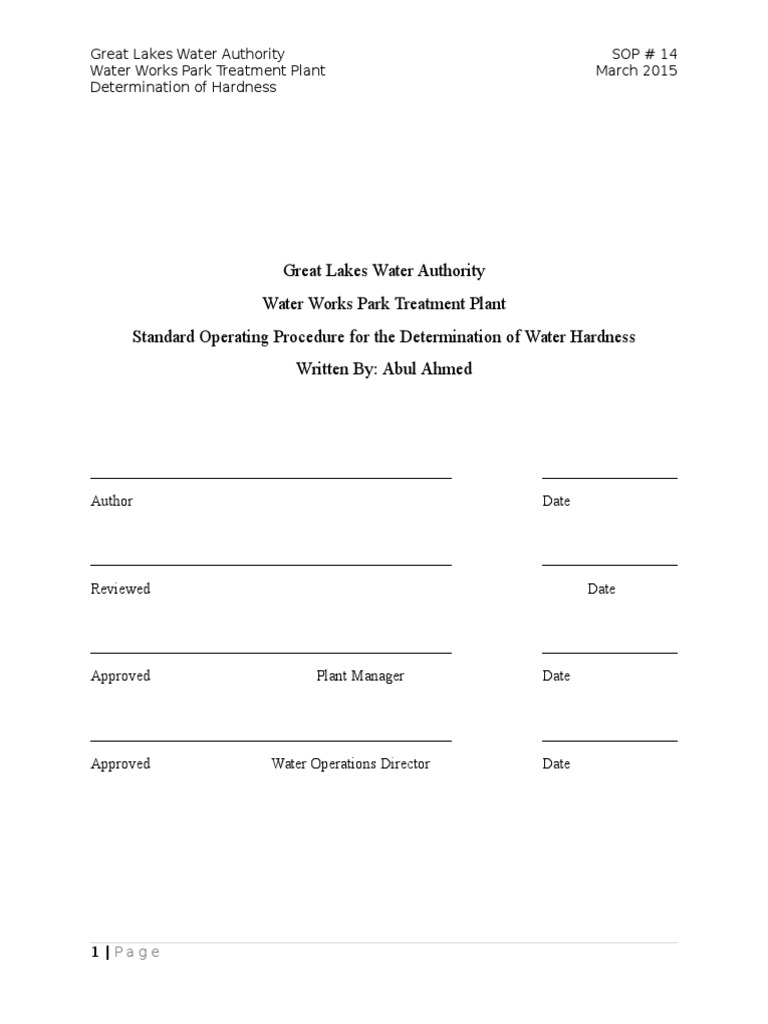 Determination of Hardness Sop PDF Titration Chemistry