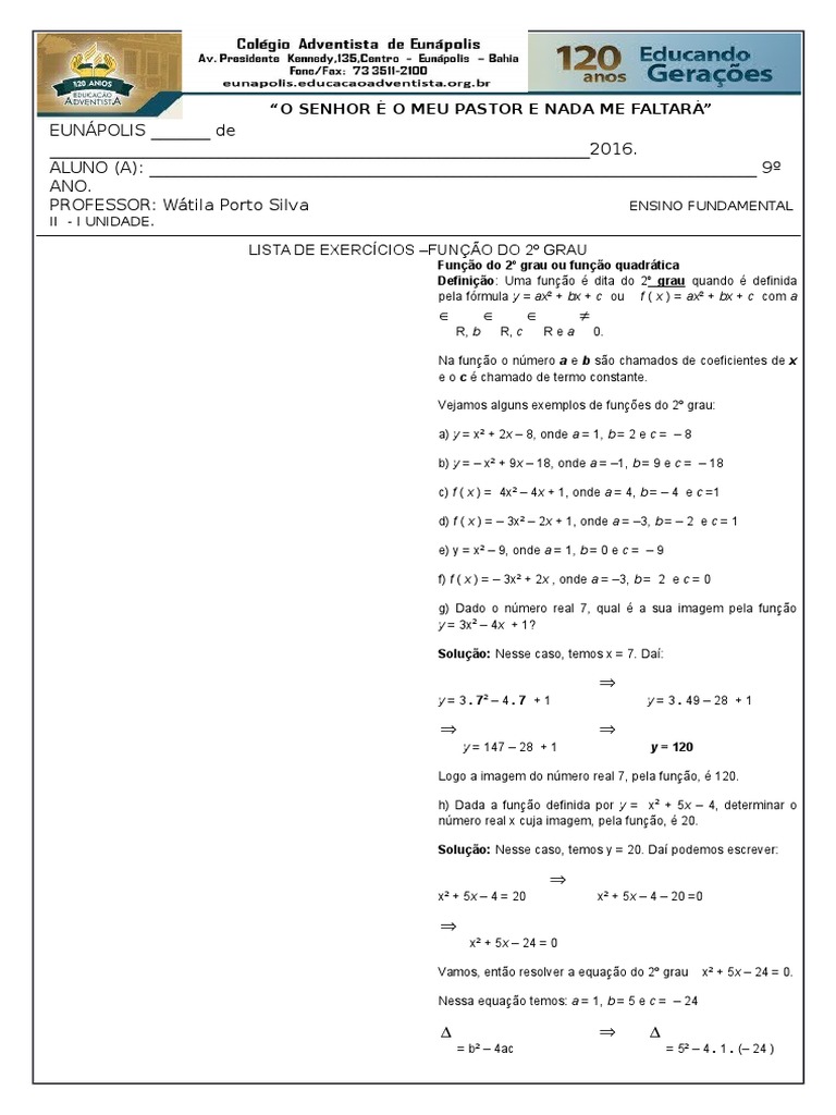 1 - LISTA DE EXERCÍCIOS - FUNÇÃO DO 2º GRAU - 9° Ano | PDF | Função ...
