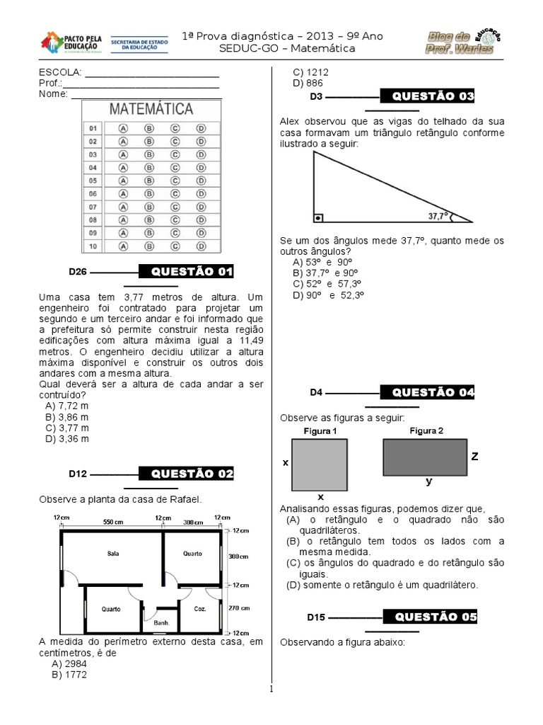 1 P.D - 2013 (Mat. 9º Ano - Blog Do Prof. Warles) | PDF