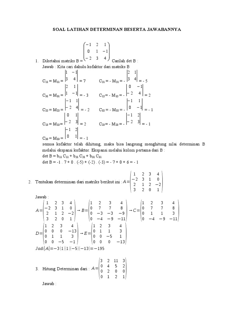 SOAL LATIHAN DETERMINAN BESERTA JAWABANNYA SOAL LATIHAN DETERMINAN BESERTA JAWABANNYA