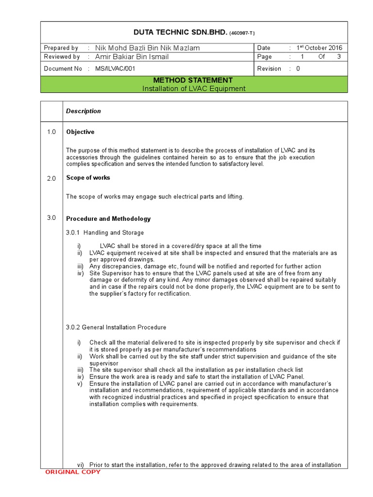 LVAC Equipment Installation Method Statement | PDF | Personal ...