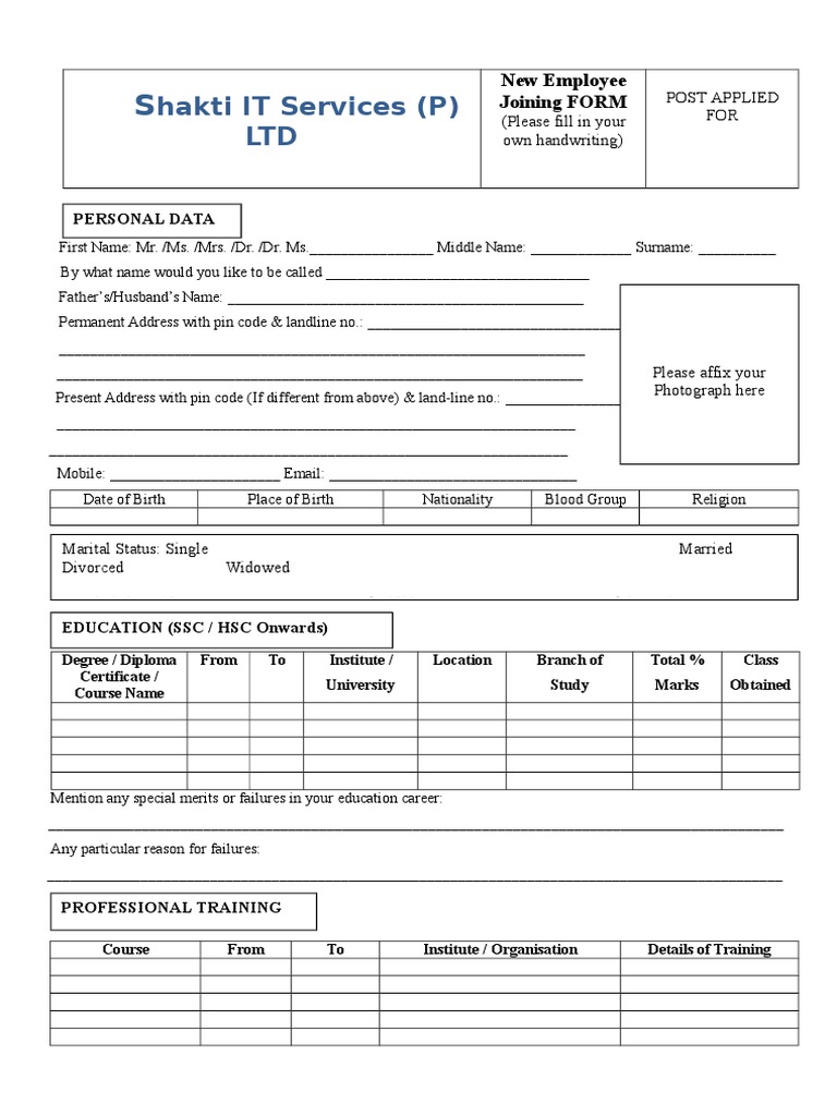 Shakti IT Services Joining Form Employee Benefits Government