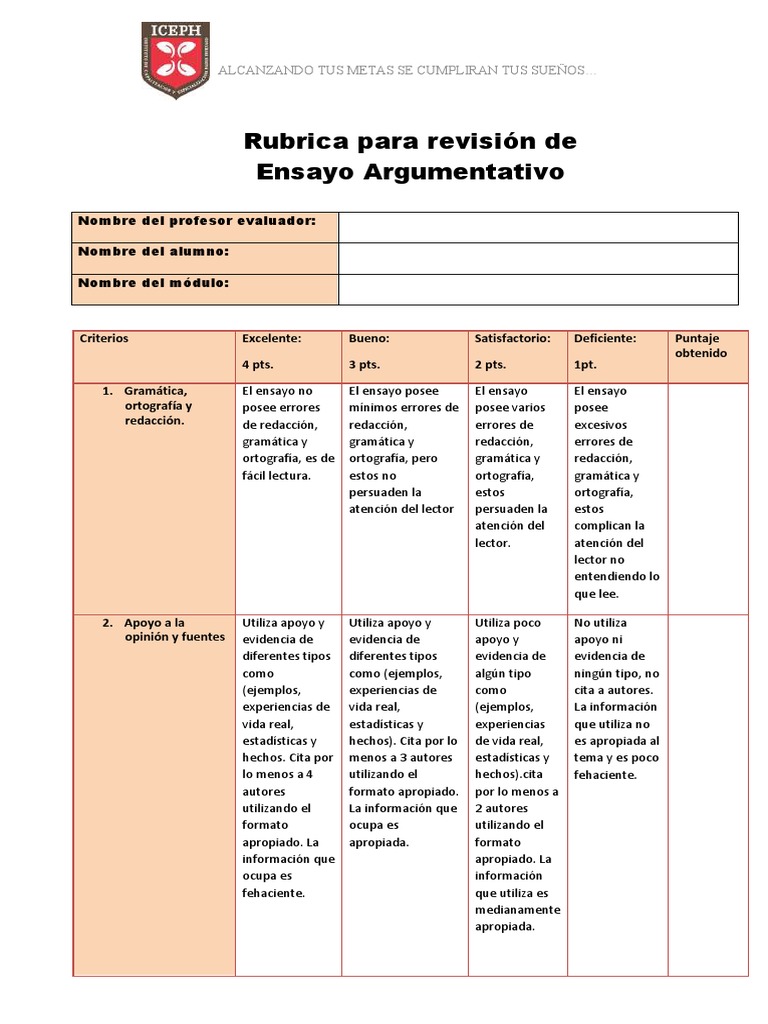 Rubrica Para Revisión De Ensayo Argumentativo Nombre Del Profesor