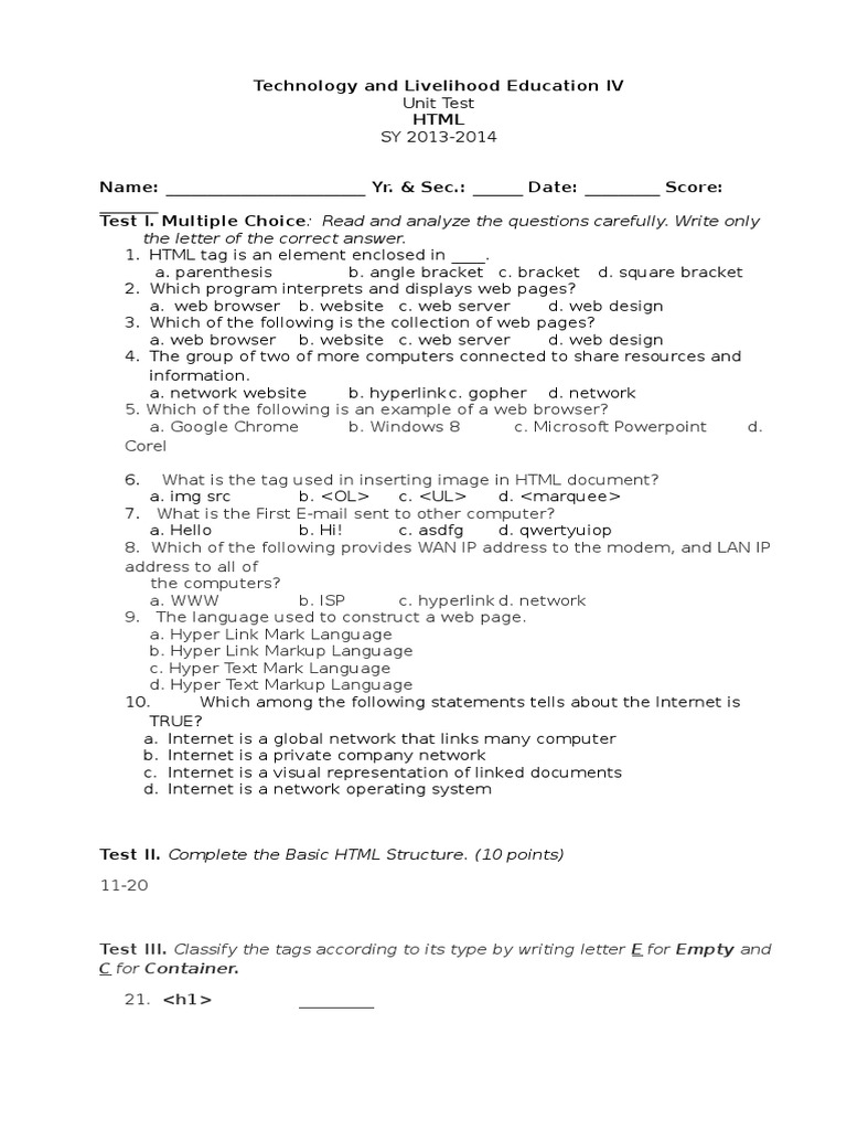 Unit Test Third Grading - HTML | PDF