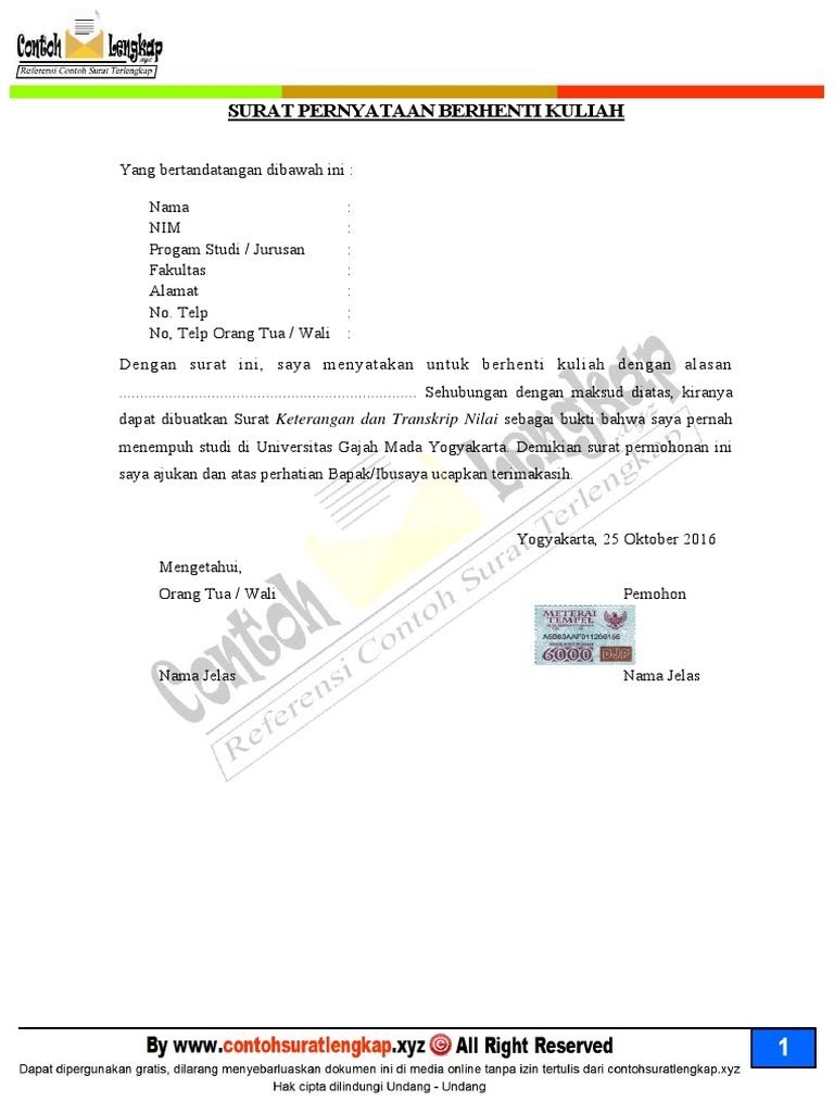 Contoh Surat Pengunduran Diri Mahasiswa